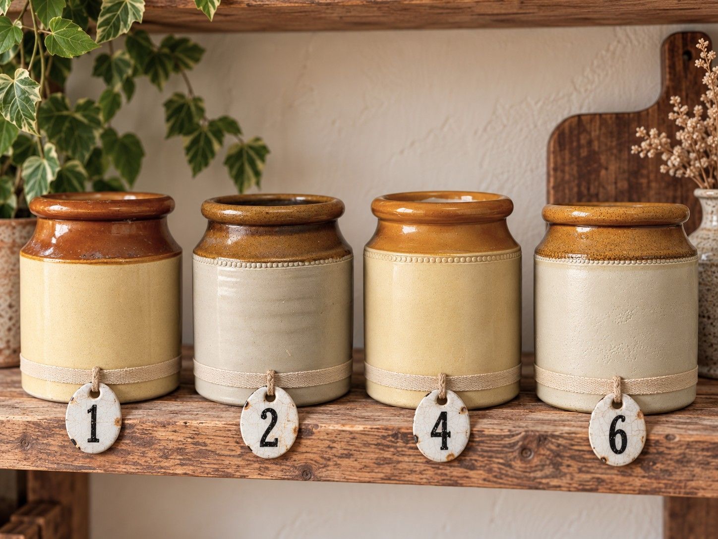 Collection of 4 vintage stoneware pots with honey-brown glazed rims, perfect for rustic farmhouse kitchens and cottage décor