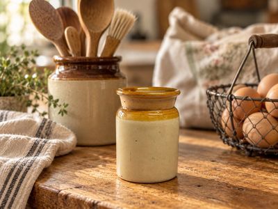 Vintage Stoneware Pot No9 Miniature vintage English stoneware pot with honey brown glaze, perfect for rustic farmhouse kitchen and cottage shelf décor.
