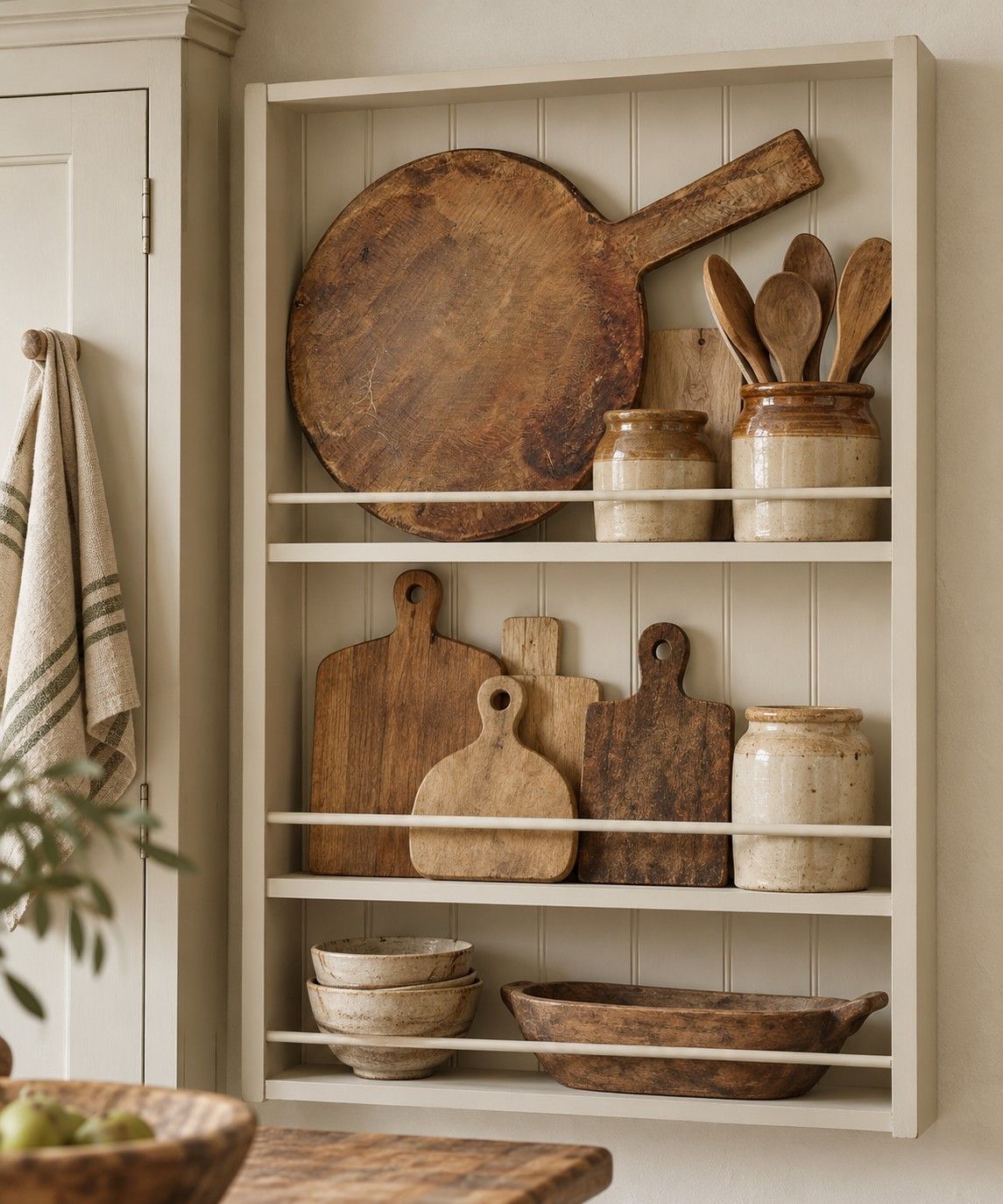 Vintage Handmade Round Board Vintage handmade round wooden bread board with rustic patina, shown on a farmhouse kitchen shelf with charming cottage décor.