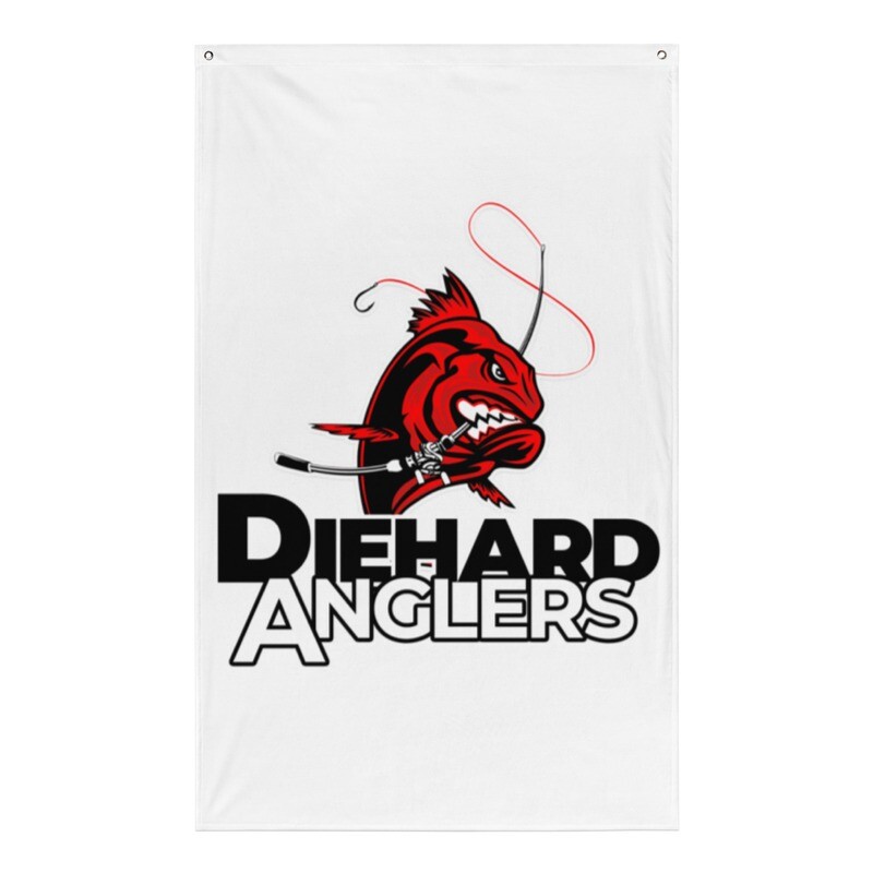 Vertical Diehard Anglers Flag, Fish On Top Logo Design