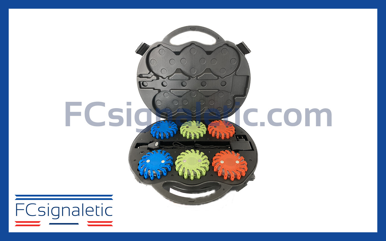 Valise de 6 balises lumineuses bleues, vertes, rouges autonomes magnétiques et rechargeables