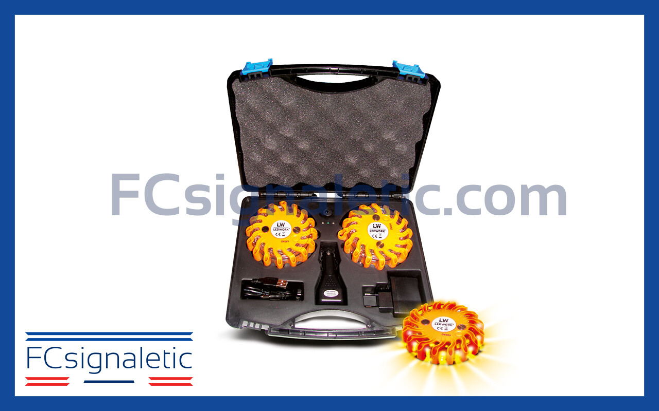 Valise de 2 balises lumineuses oranges autonomes magnétiques et rechargeables LEDWORK LWK0007