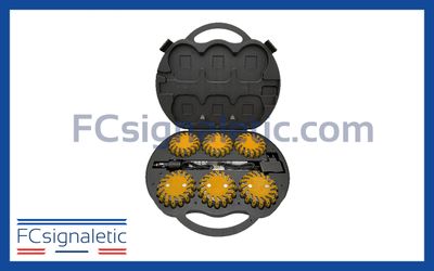 Valise de 6 balises lumineuses oranges autonomes magnétiques et rechargeables
