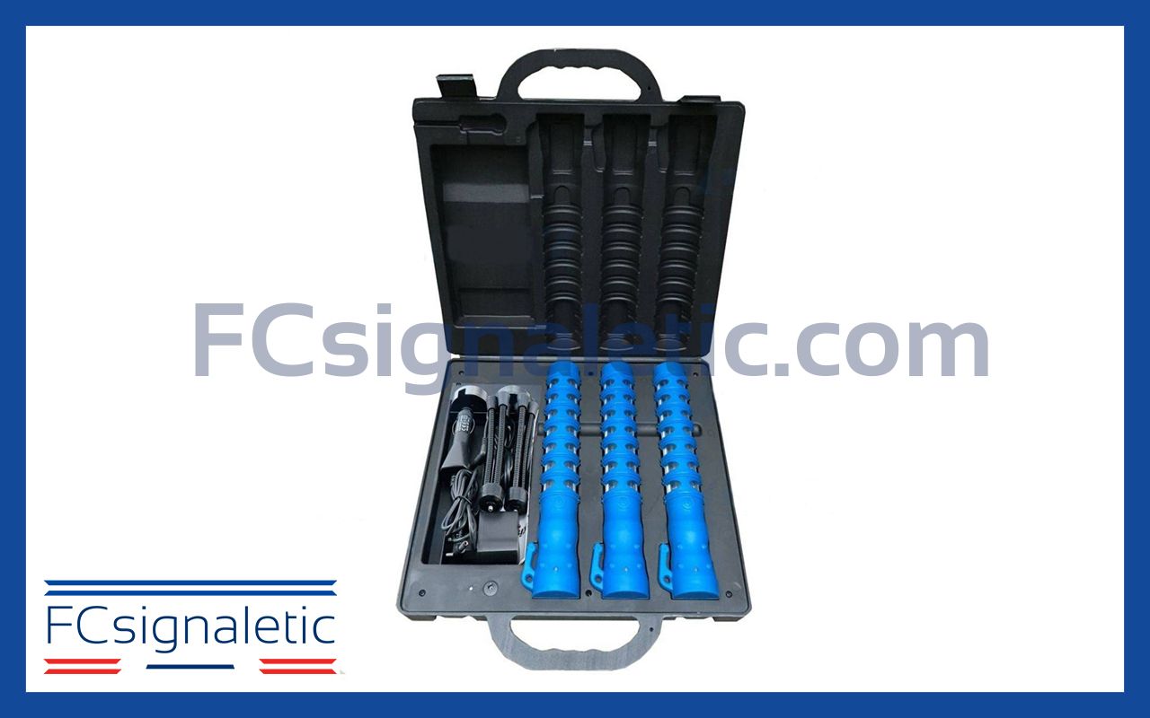 Valise de 3 bâtons led bleu de signalisation autonomes magnétiques et rechargeables