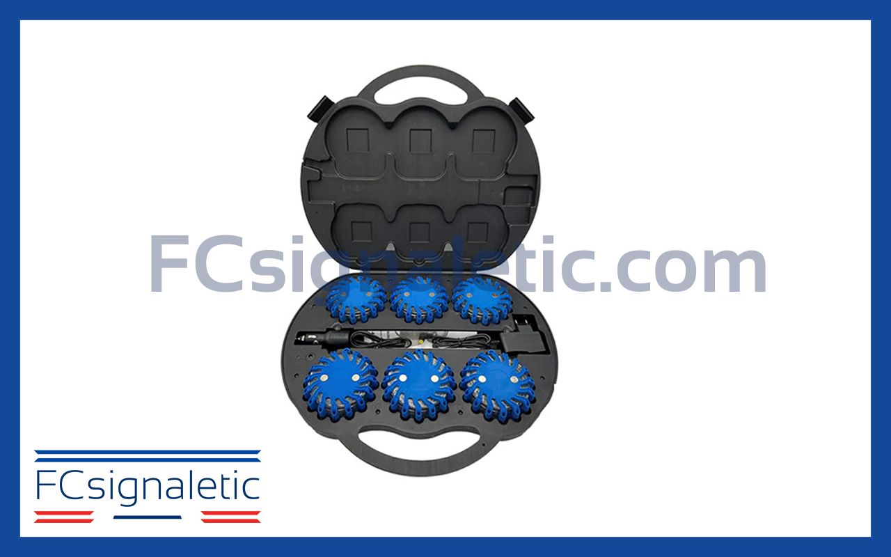 Valise de 6 balises lumineuses led bleues autonomes magnétiques et rechargeables