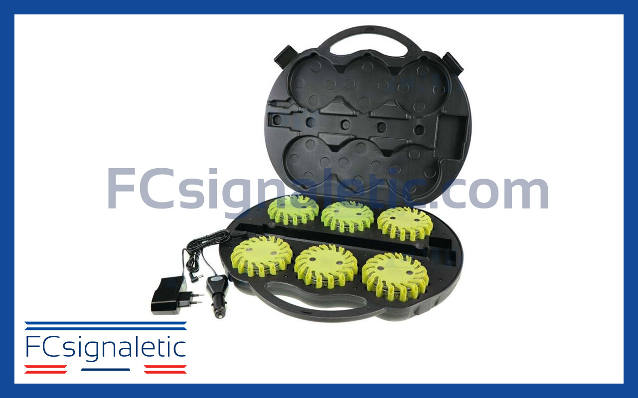 Valise de 6 balises lumineuses led vertes autonomes magnétiques et rechargeables