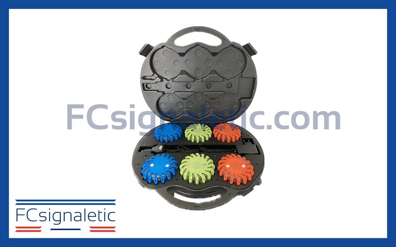 Valise de 6 balises lumineuses led bleues, vertes, rouges autonomes magnétiques et rechargeables