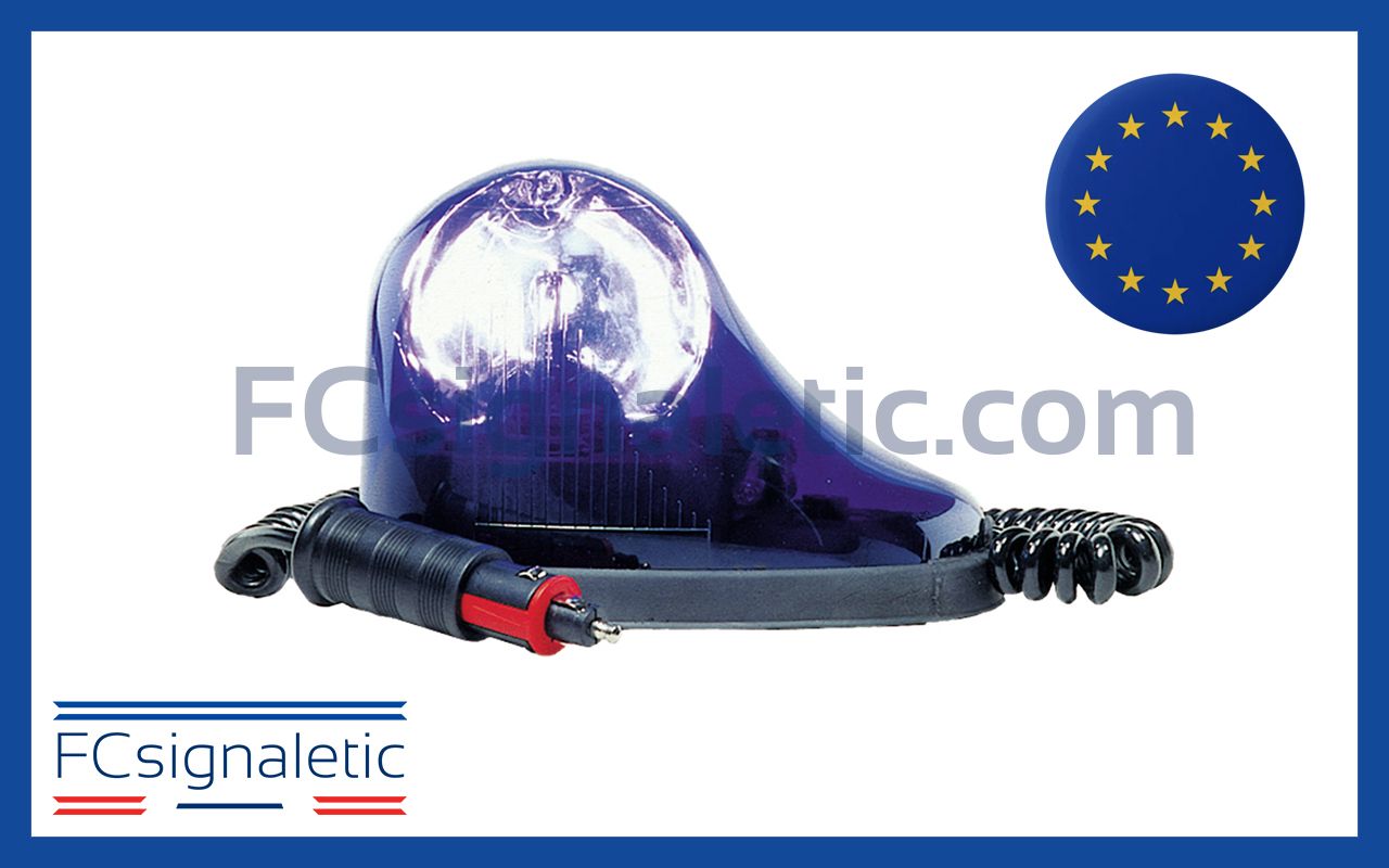 Gyrophare halogène GDO 12V bleu embase magnétique prise allume cigare classe 1 rotatif SIRENA 74400