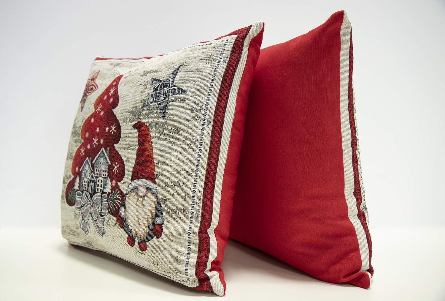 Fusion Cuscino Natalizio 43x43 Cm Con Gnomi, Reversibile Rosso E Grigio Con Pois, Imbottito, Federa In Velluto, Decorazione Natale