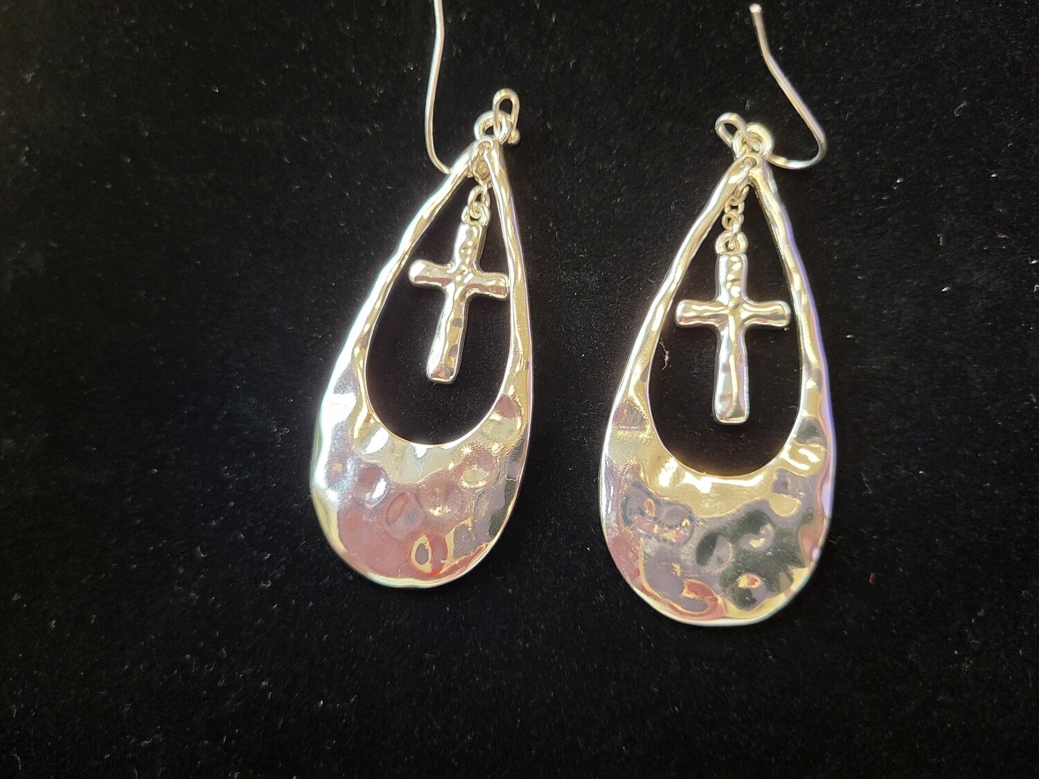Hammered silver cross earrings