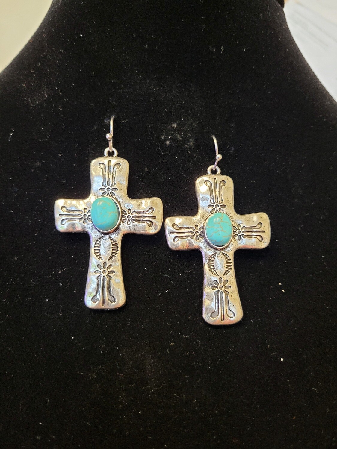 Winslow Cross Turquoise and Silvertone Earrings