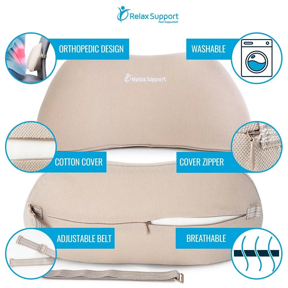 Relax Support RS1 Soft Lumbar Support Pillow - Office Chair Back Support - Chair Cushion for Back Pain Uses ArcContour Special Patented Technology Has