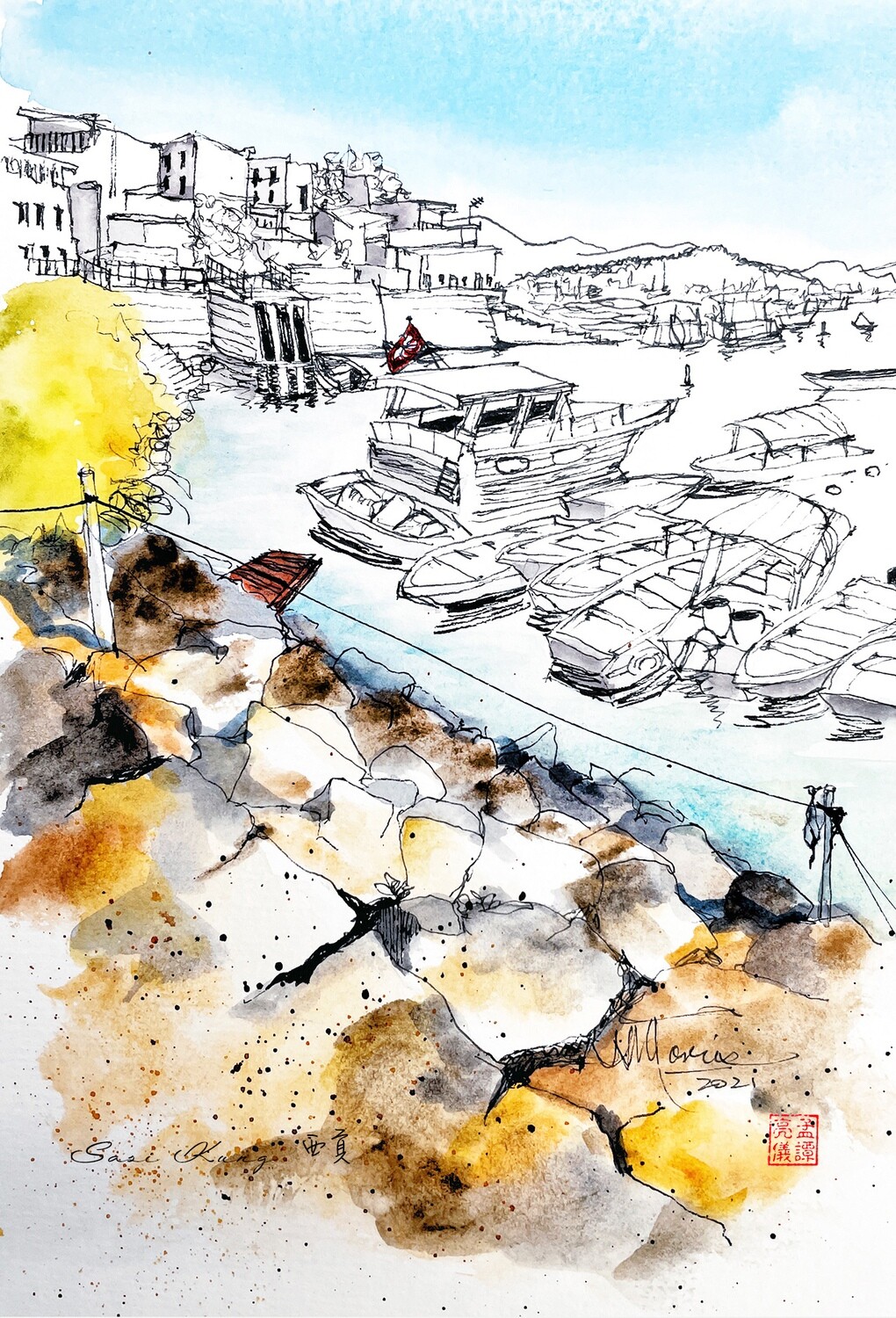 Seafront. Watercolour Greeting cards/ Postcards/ Art prints of Hong Kong 小店 香港水墨淡彩賀卡/ 明信片／印畫