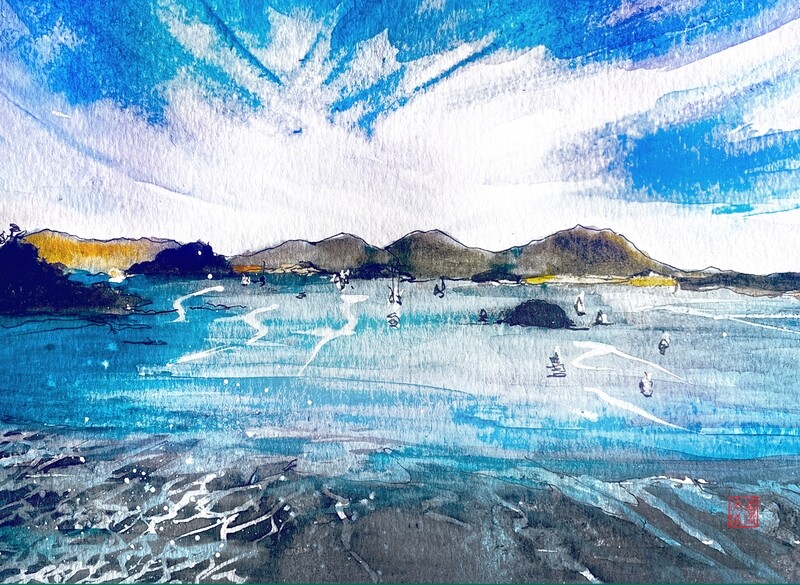 Low Tide. Watercolour Greeting cards/ Postcards/ Art prints of Hong Kong  香港水墨淡彩賀卡/ 明信片／印畫