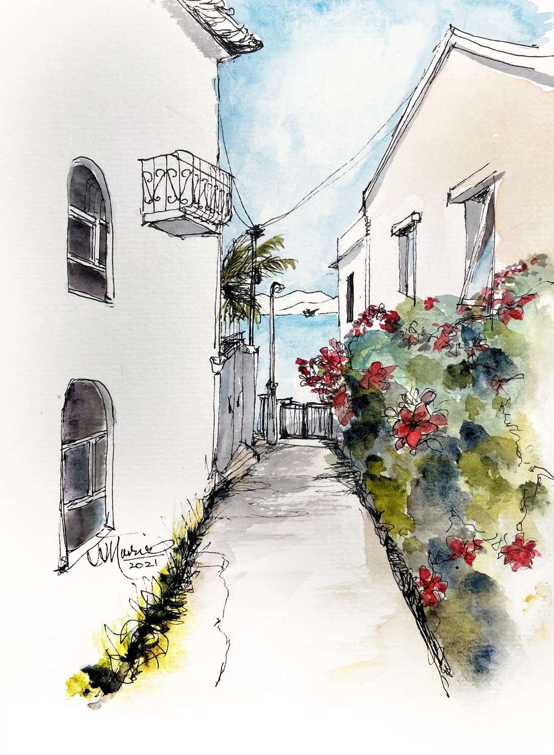 To the sea. Watercolour Greeting cards/ Postcards/ Art prints of Hong Kong 看海 香港水墨淡彩賀卡/ 明信片／印畫