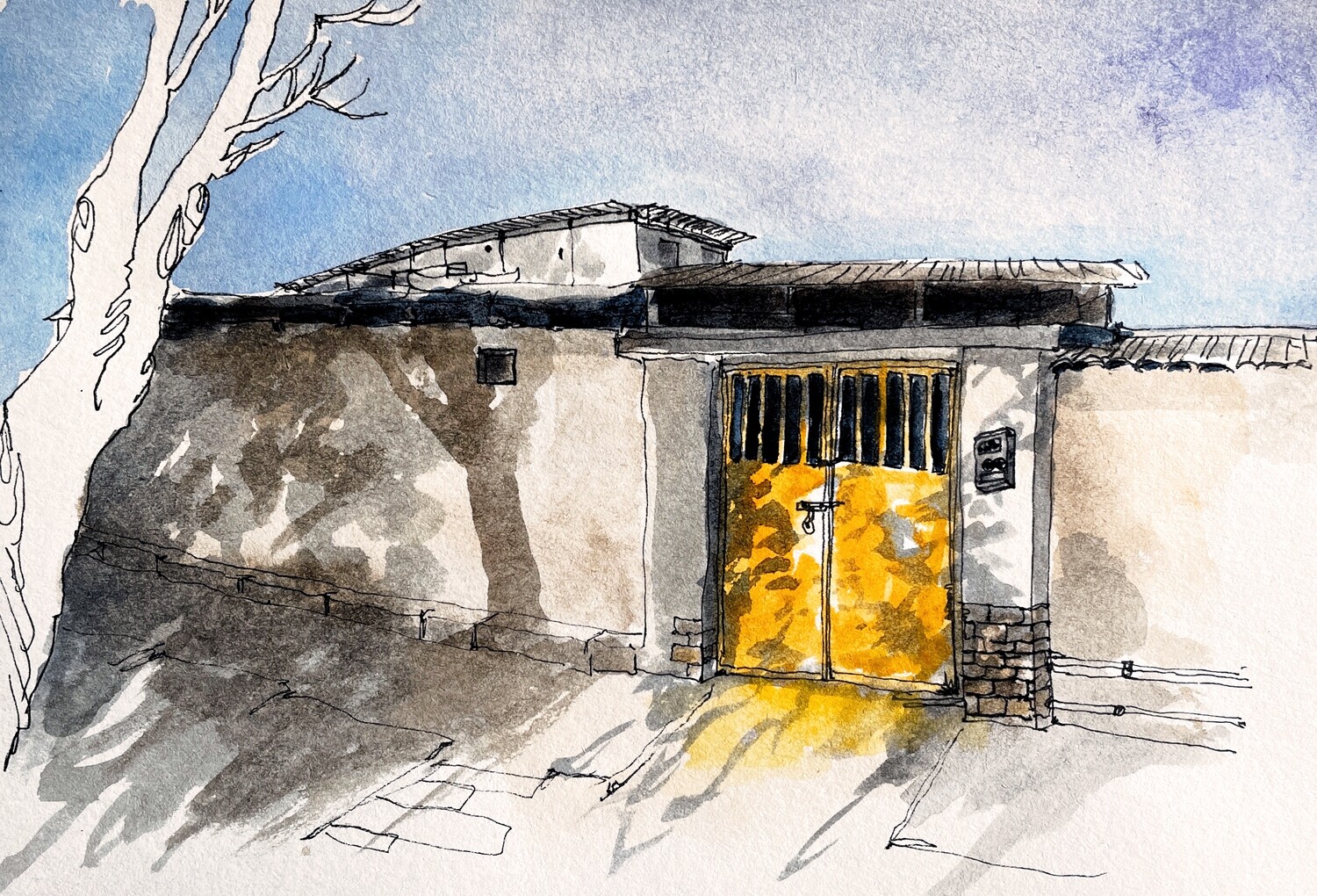Yellow door. Watercolour Greeting cards/ Postcards/ Art prints of Hong Kong   黃門。 香港水墨淡彩賀卡/ 明信片／印畫