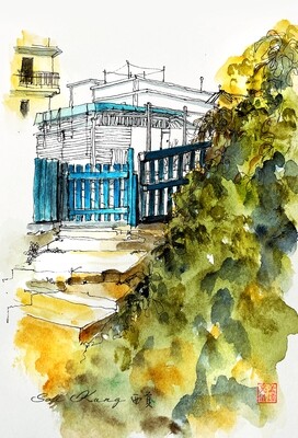 Blue gate. Watercolour Greeting cards/ Postcards/ Art prints of Hong Kong  藍欄。 香港水墨淡彩賀卡/ 明信片／印畫