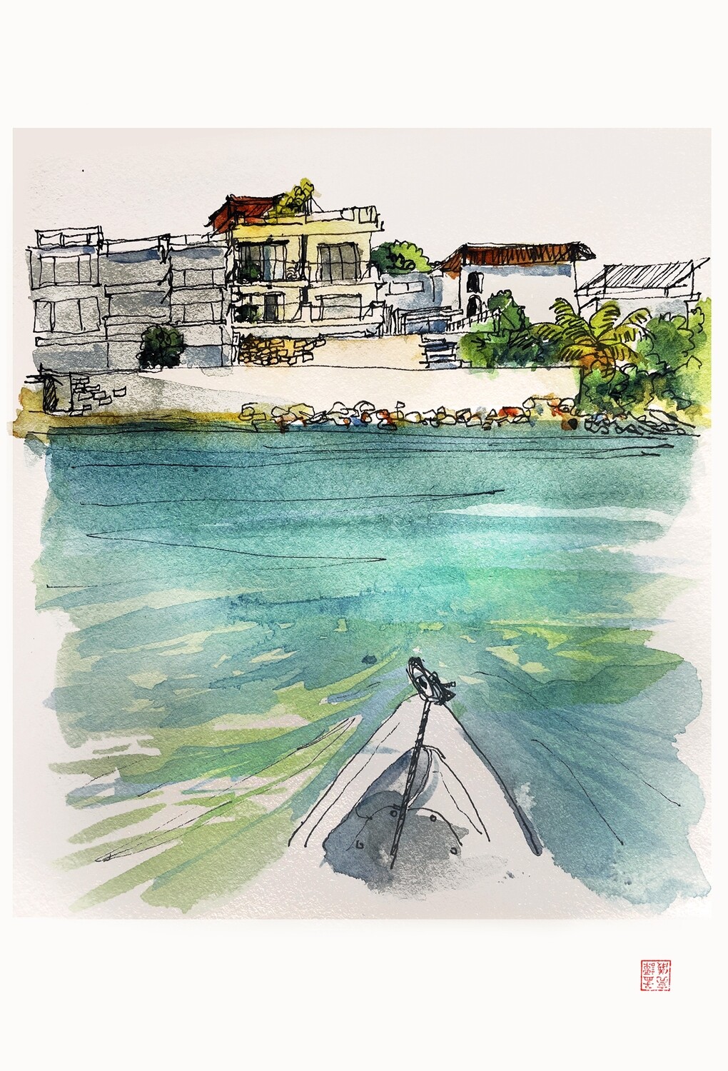 Kayaking. Watercolour Greeting cards/ Postcards/ Art prints of Hong Kong  破浪。 香港水墨淡彩賀卡/ 明信片／印畫