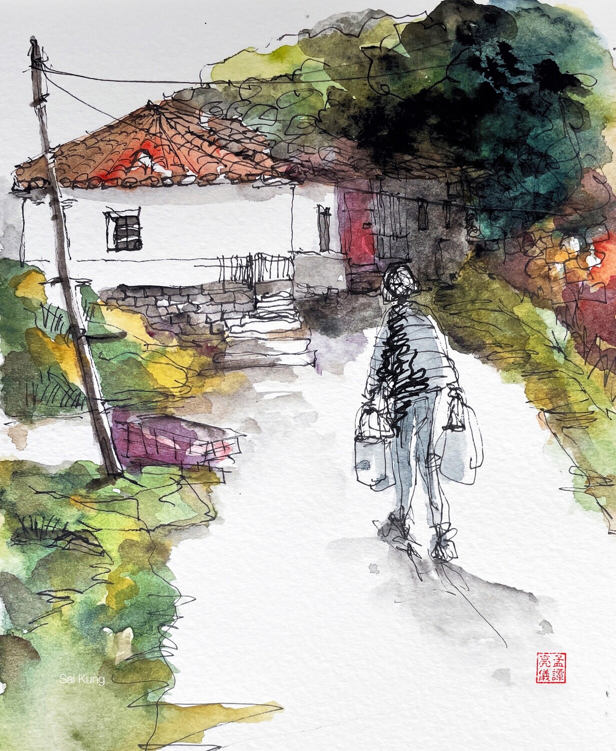 Home. Watercolour Greeting cards/ Postcards/ Art prints of Hong Kong  回家。 香港水墨淡彩賀卡/ 明信片／印畫