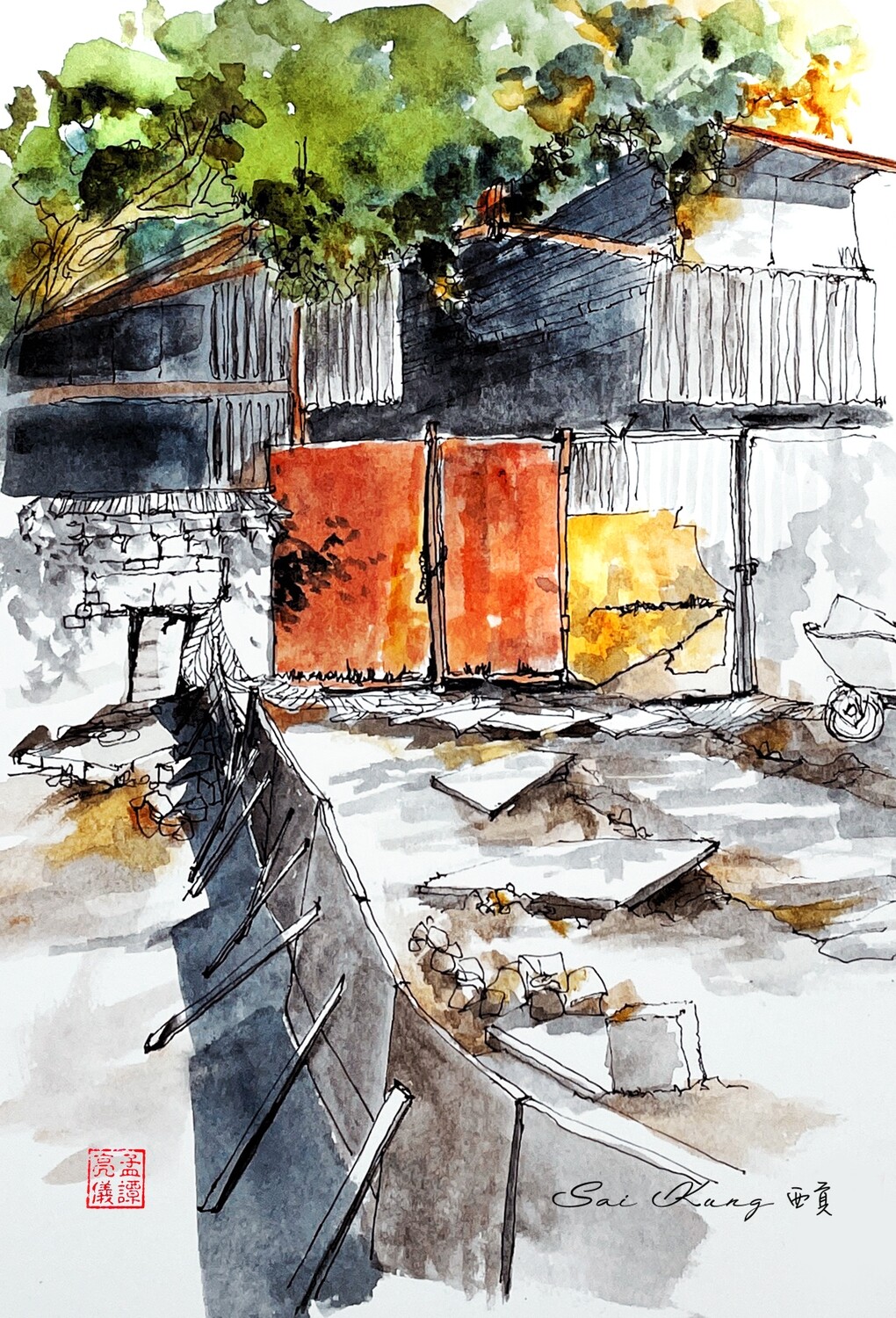 Building site. Watercolour Greeting cards/ Postcards/ Art prints of Hong Kong  工地。 香港水墨淡彩賀卡/ 明信片／印畫
