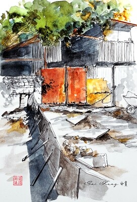 Building site. Watercolour Greeting cards/ Postcards/ Art prints of Hong Kong  工地。 香港水墨淡彩賀卡/ 明信片／印畫
