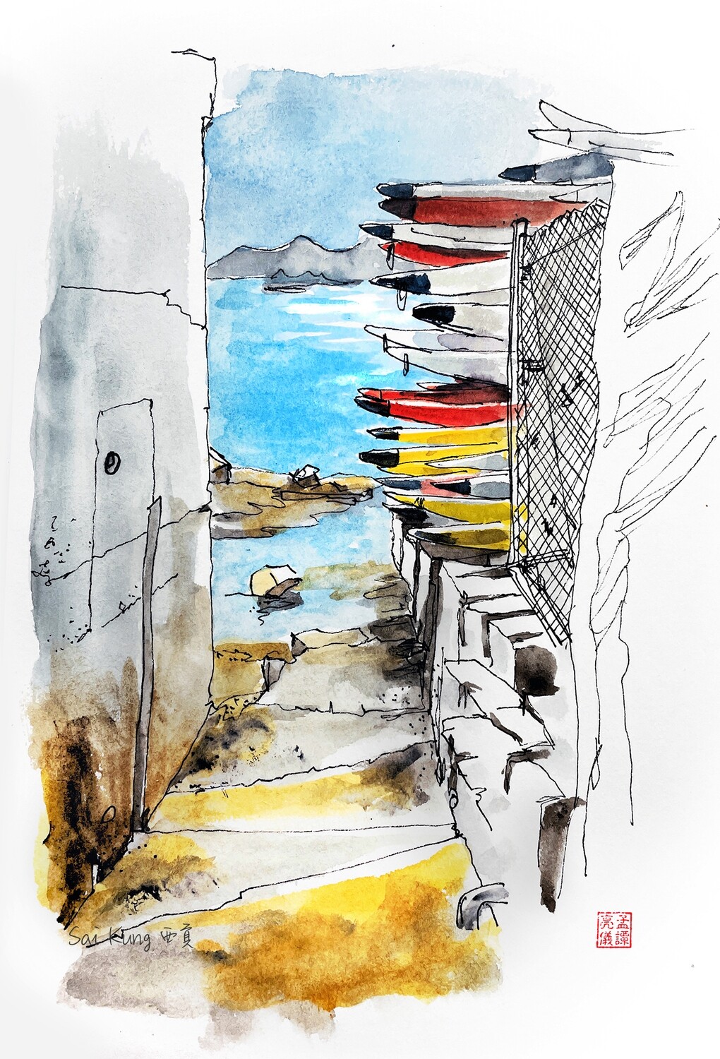Kayak club. Watercolour Greeting cards/ Postcards/ Art prints of Hong Kong  香港水墨淡彩賀卡/ 明信片／印畫