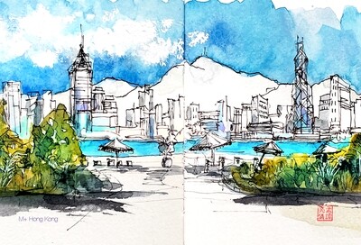 Hong Kong‘s Harbour. Watercolour Greeting cards/ Postcards/ Art prints of Hong Kong  維港。 香港水墨淡彩賀卡/ 明信片／印畫
