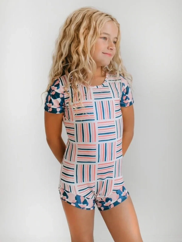 Pink Blue Modern Block Print Leotard