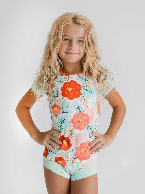 Coral Teal Floral Leotard