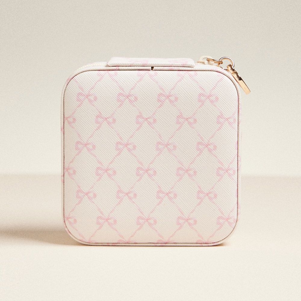 Pink Bow Pattern Portable Square Jewelry Box