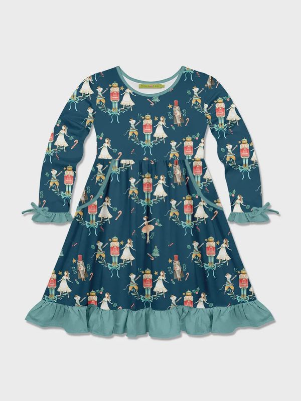 Girls Midnight Nutcracker Bow-Accent Pocket A-Line Dress