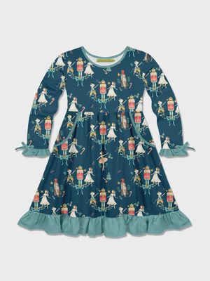 Girls Midnight Nutcracker Bow-Accent Pocket A-Line Dress