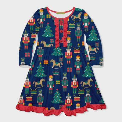Girls Navy & Red Nutcracker Christmas Dreams Ruffle-Trim A-Line Dress