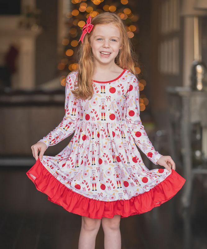 Girls Pale Pink Nutcracker Christmas Balls Ruffle-Hem Dress