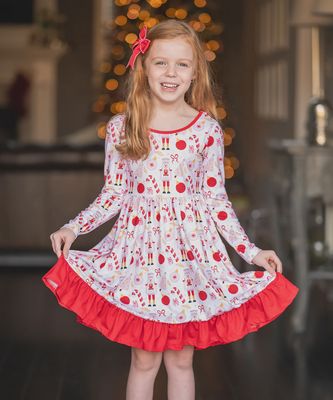 Girls Pale Pink Nutcracker Christmas Balls Ruffle-Hem Dress