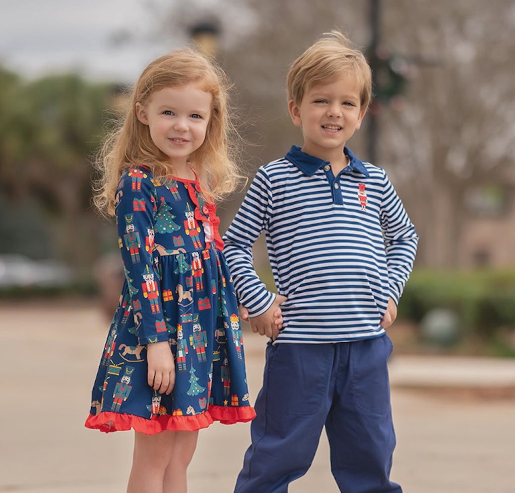 Girls Navy &amp; Red Nutcracker Christmas Dreams Ruffle-Trim A-Line Dress