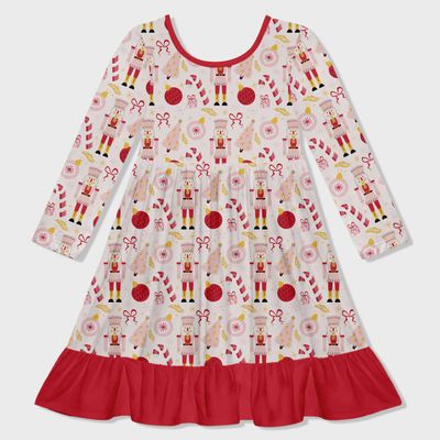 Girls Pale Pink Nutcracker Christmas Balls Ruffle-Hem Dress