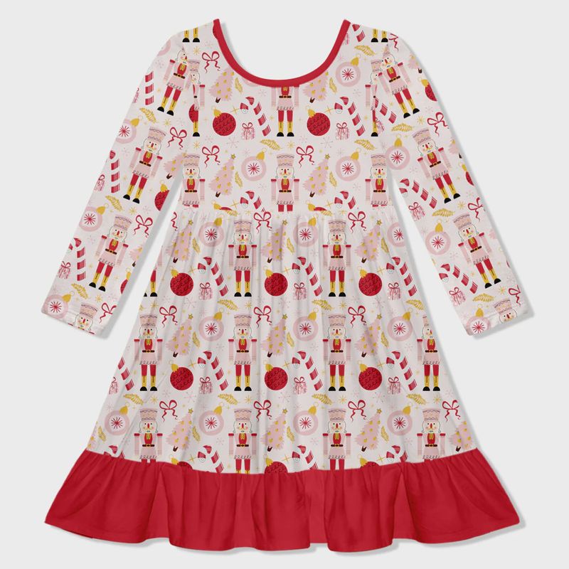 Girls Pale Pink Nutcracker Christmas Balls Ruffle-Hem Dress