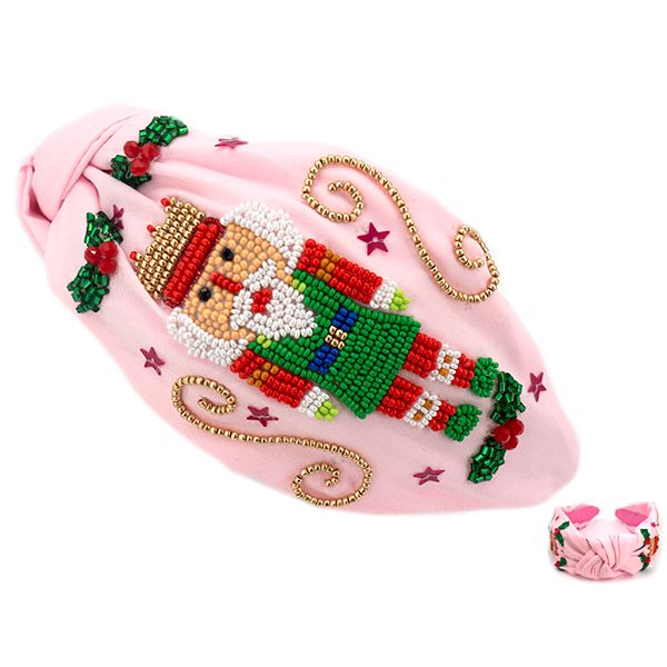 Seed Bead Mistletoe Nutcracker Christmas Headband Pink