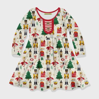 Girls Cream Nutcracker Christmas Button-Accent A-Line Dress