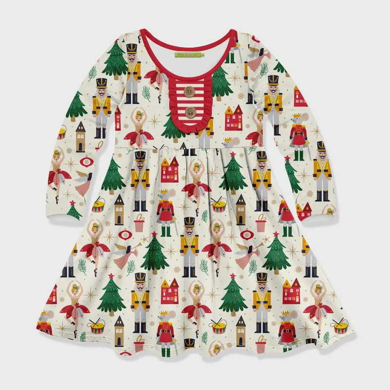 Girls Cream Nutcracker Christmas Button-Accent A-Line Dress