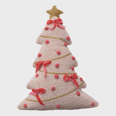 Beaded Pink Christmas Tree Shaped Pillow with Hand-Embroidery