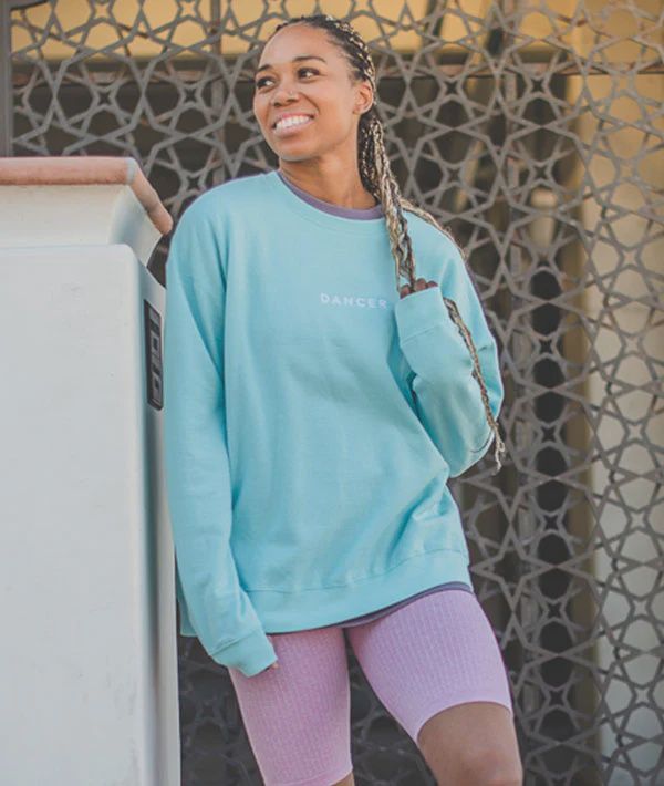 DANCER Embroidered Pullover Sweatshirt, Color: Aqua, Size: XS