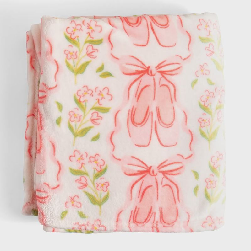 Pink Ballet Slippers &amp; Florals Fleece Throw Blanket