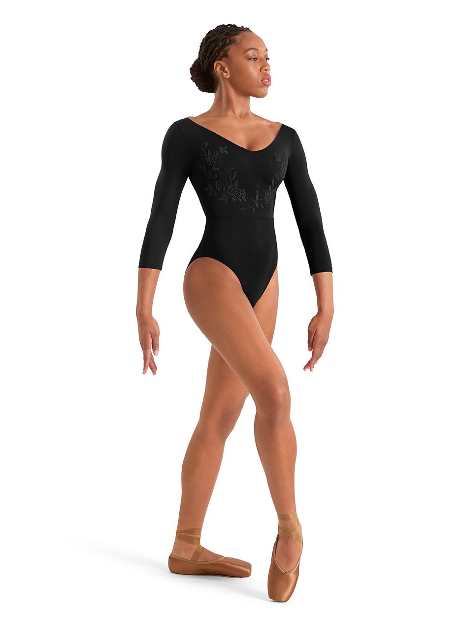 V-Neck 3/4 Sleeve Leotard M60003LM, Color: Black, Size: P