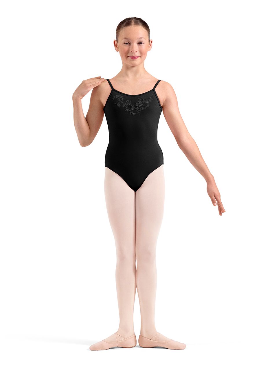 Girls' Embroidered Strappy Cami Leotard M70009C, Color: BLK, Size: 4/6