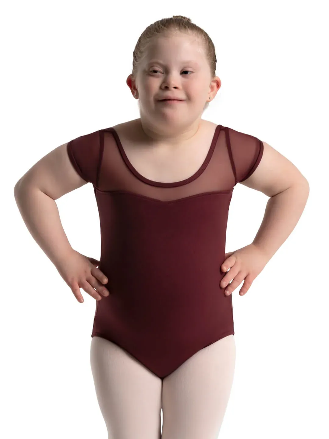 Girls' Mesh Yoke Short Sleeve Leotard SE1039C, Color: Maroon, Size: Toddler
