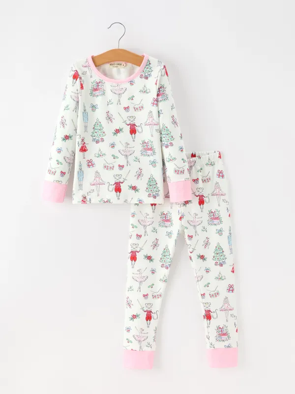 Christmas Girls Nutcracker Ballet Holiday Print Long Sleeves Pajama Set