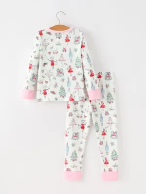 Christmas Girls Nutcracker Ballet Holiday Print Long Sleeves Pajama Set