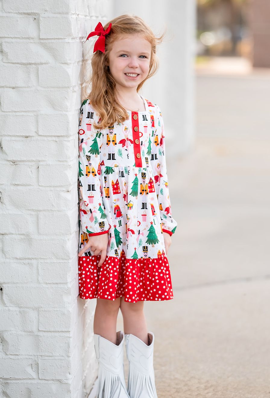 Cream Nutcracker Christmas Square-Neck Button-Front Dres
